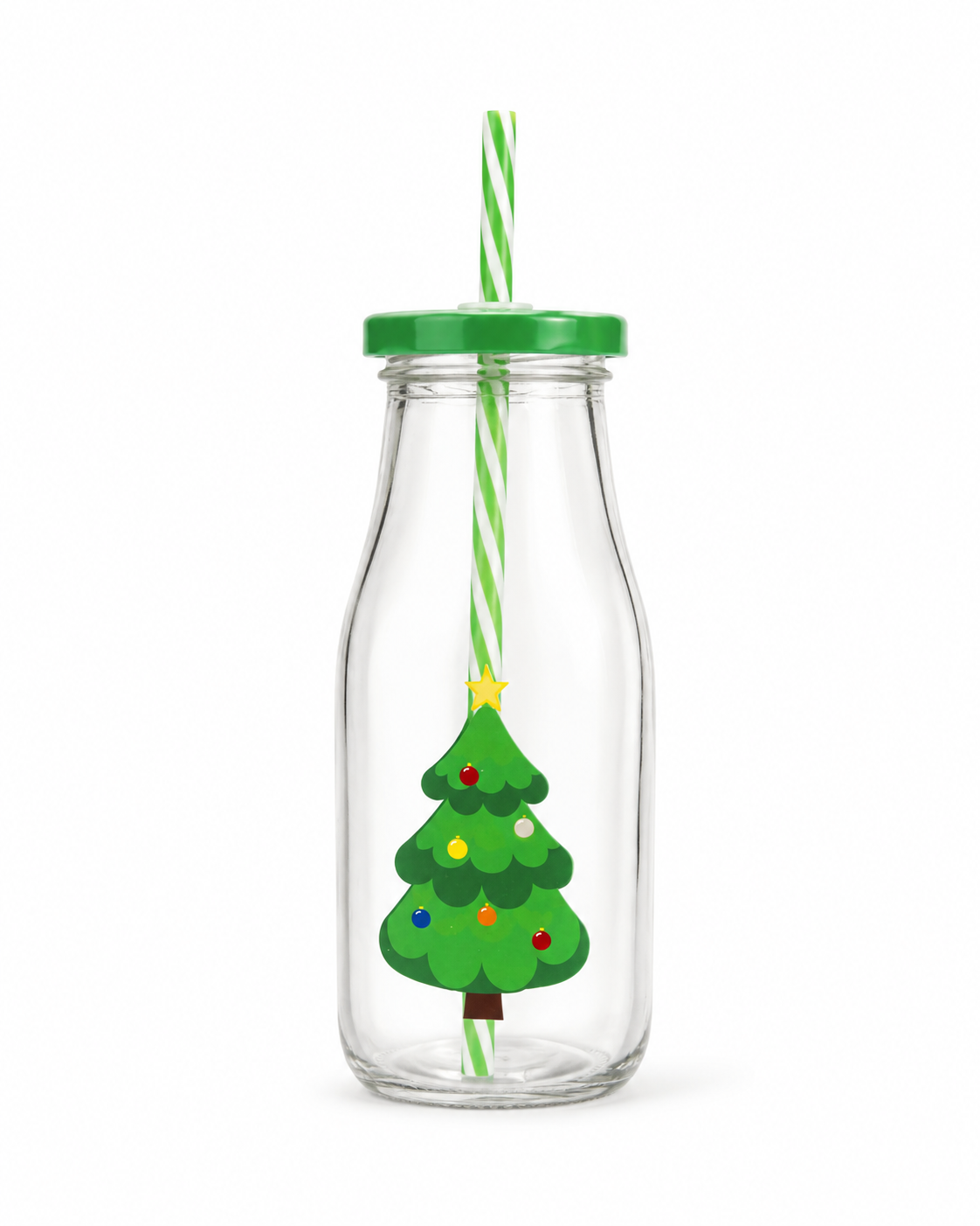 Copo de Vidro 300ml Natal com Tampa Canudo Colorido