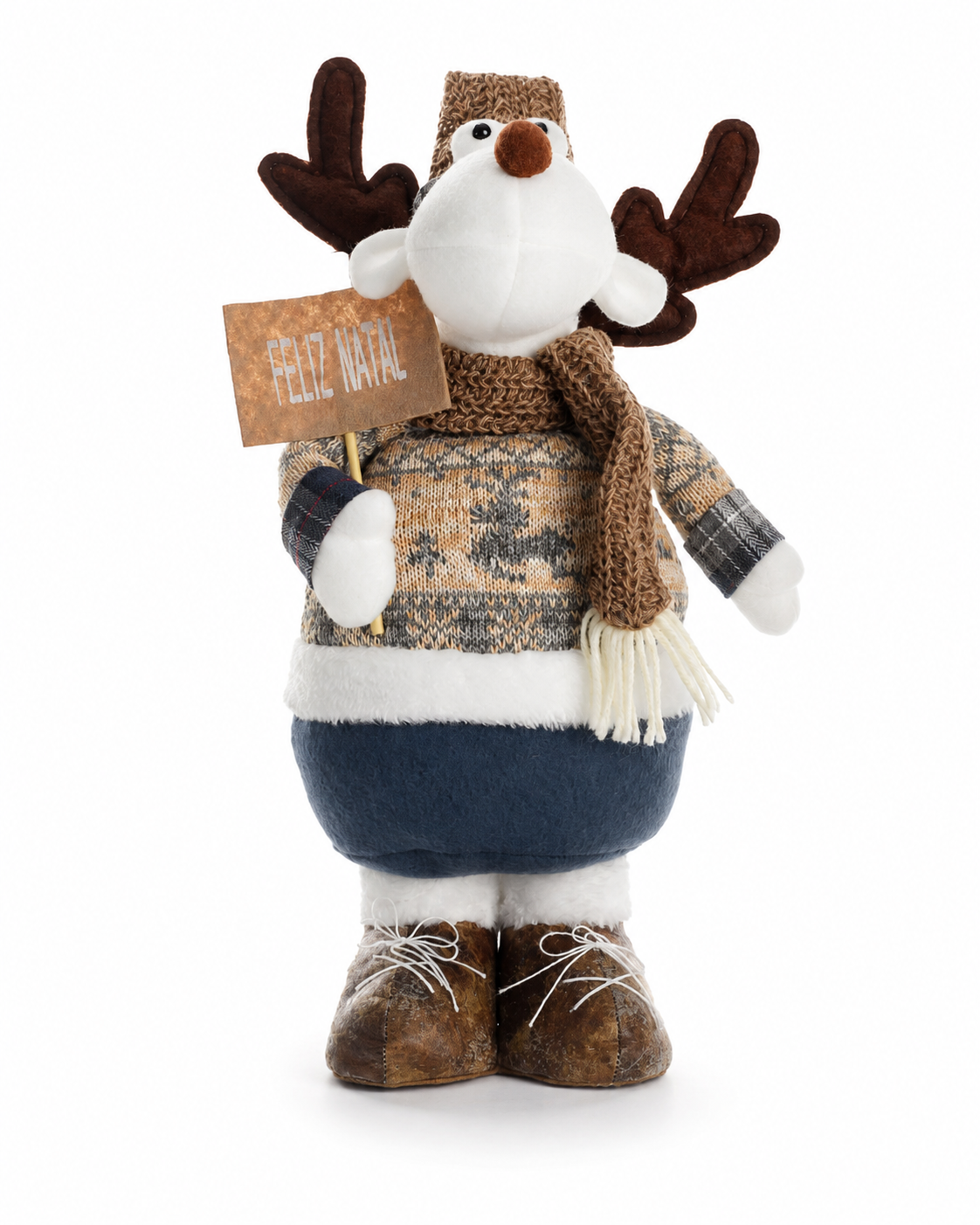 Boneco Natal Rena em Pé Bege Azul 44.5 X 15 cm
