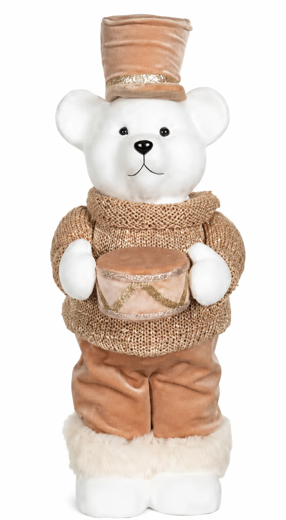 Urso Natal em Pé com Tambor Champanhe 16 x 18 x 42 cm