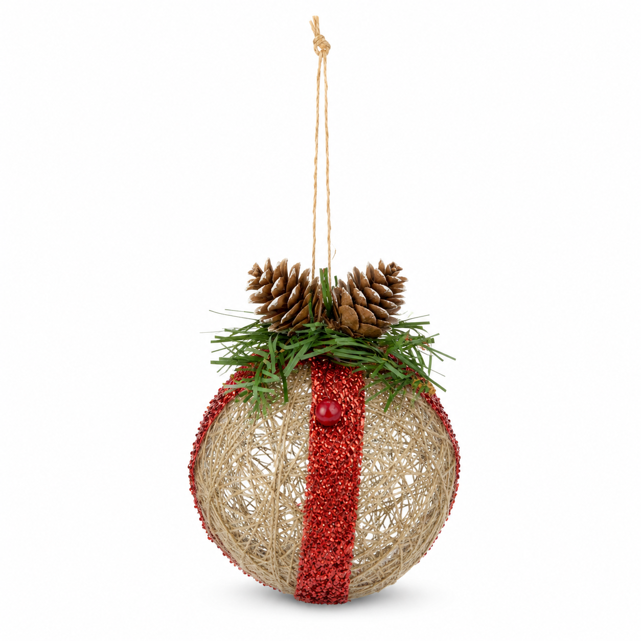 Bola Decorativa de Natal Pinha Vermelho Bege 10 cm