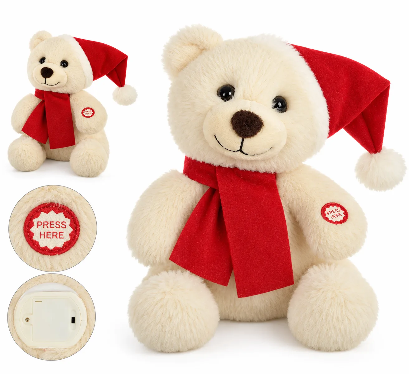 Boneco Natal Urso Animado com Movimento Vermelho Branco 24 cm
