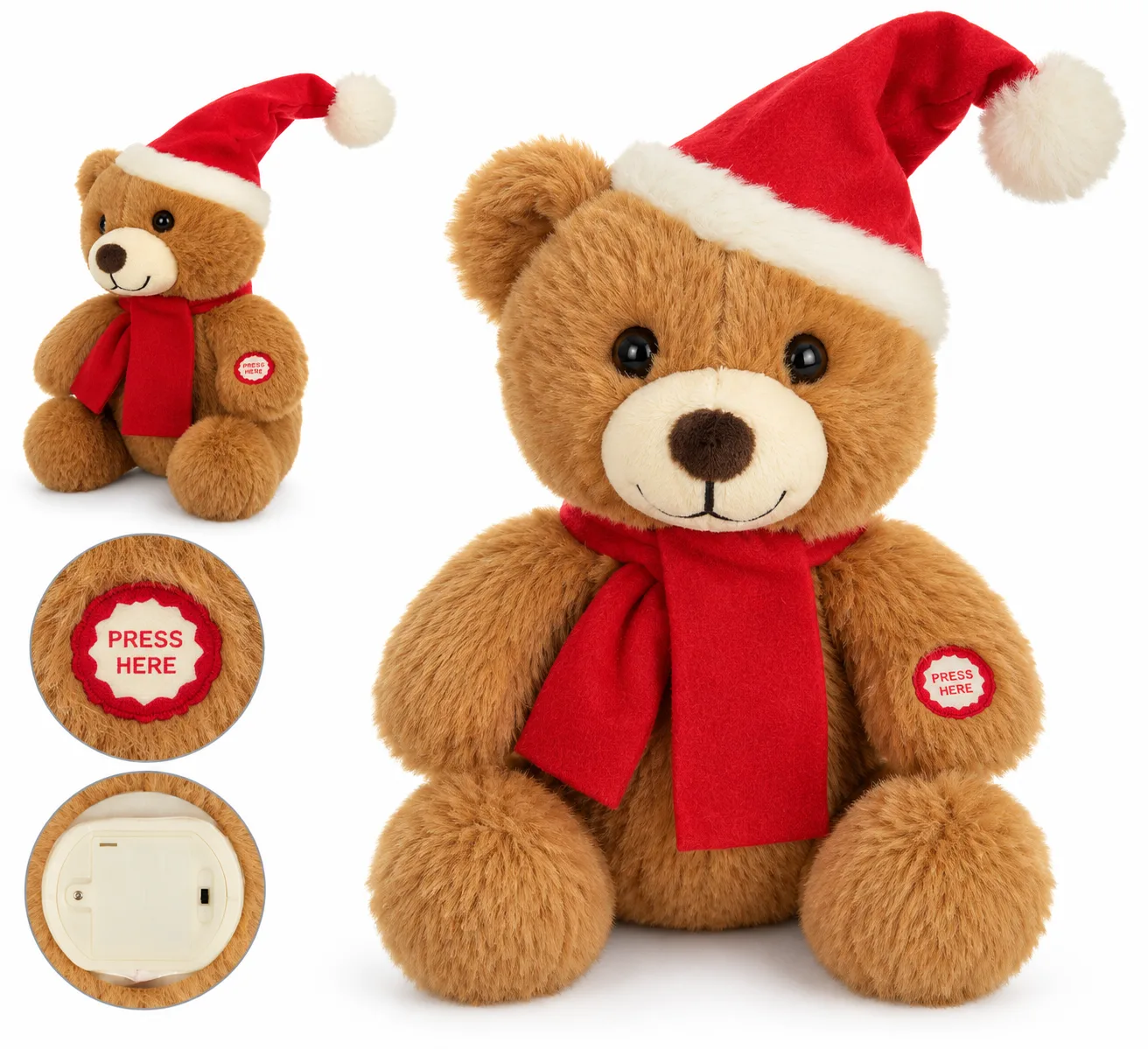 Boneco Natal Urso Animado com Movimento Vermelho Marrom 24 cm