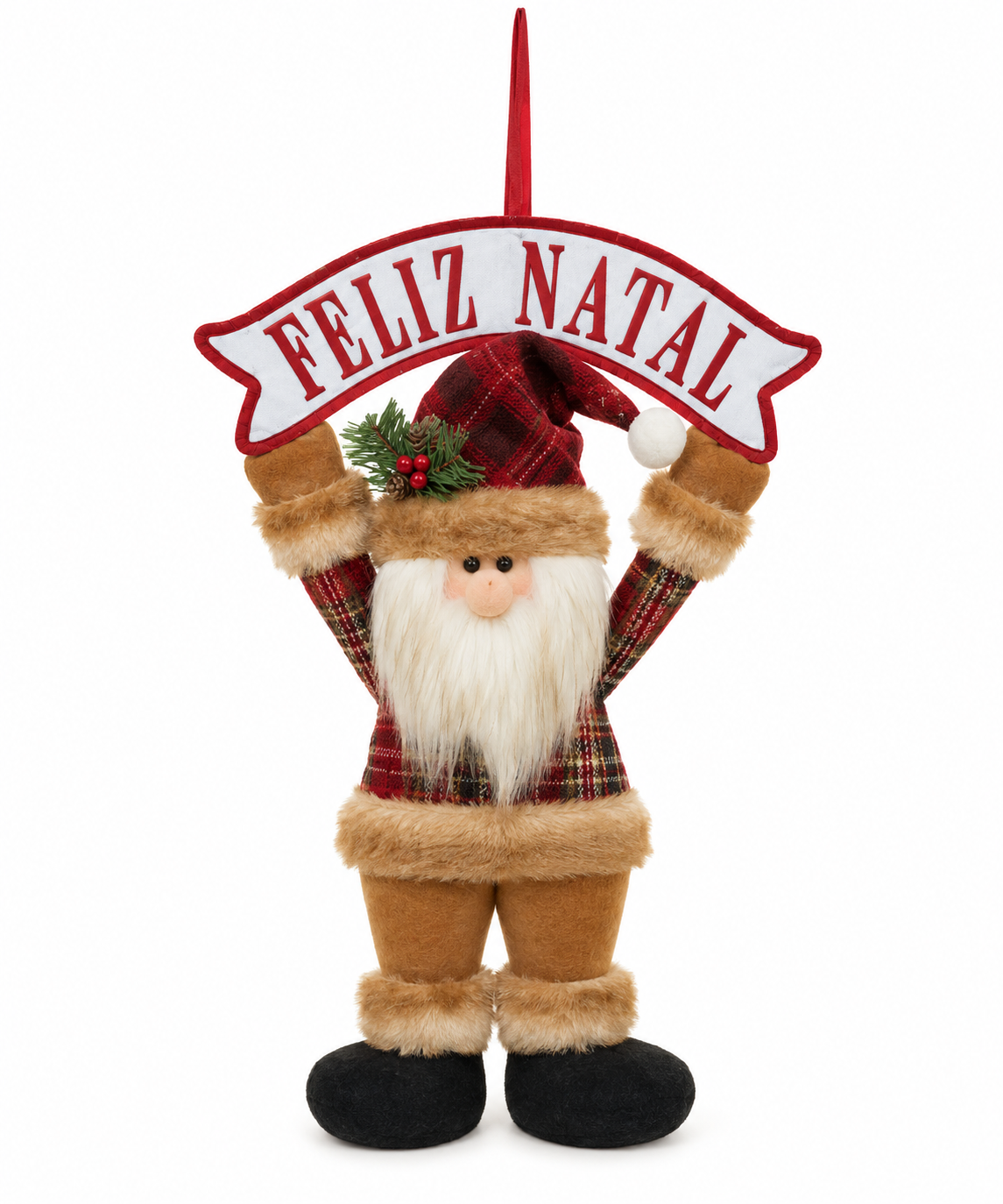 Enfeite Natal Papai Noel com Placa Vermelho Xadrez 38 X 26 cm