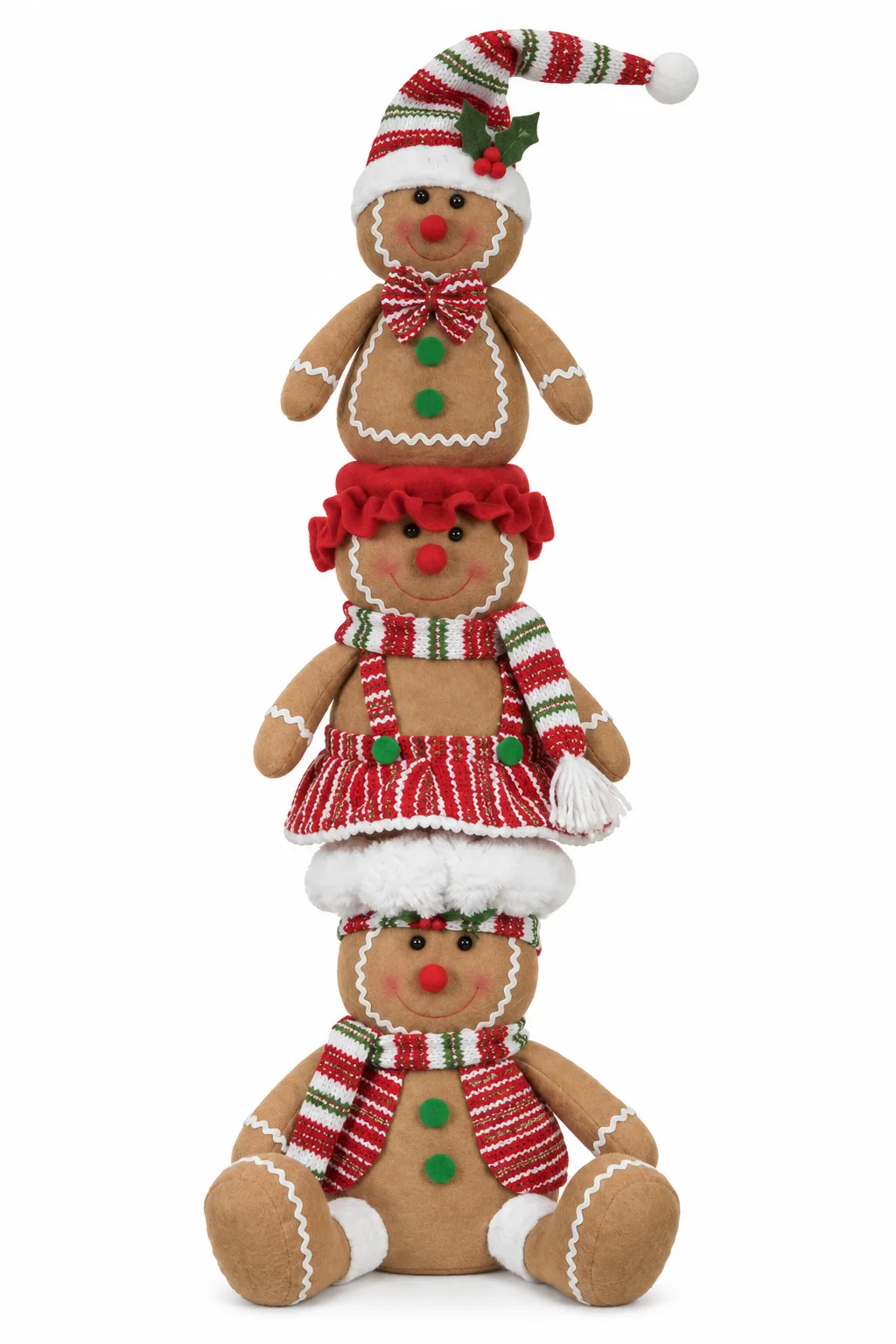 Boneco Natal Torre Gingerbread com 3 Vermelho Verde 61 cm