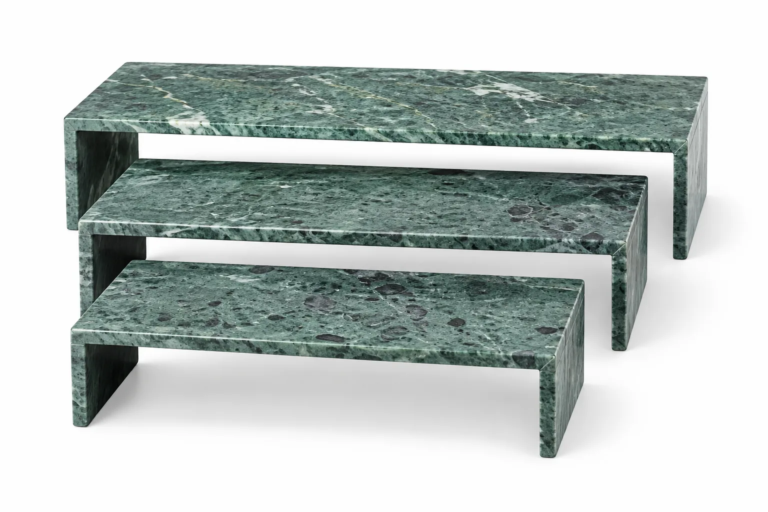 Conjunto de Bandejas em Mármore Verde 3 Peças P 25 X 12 X 6 cm M 30 X 12 X 8.5 cm G 35 X 12 X 10 cm
