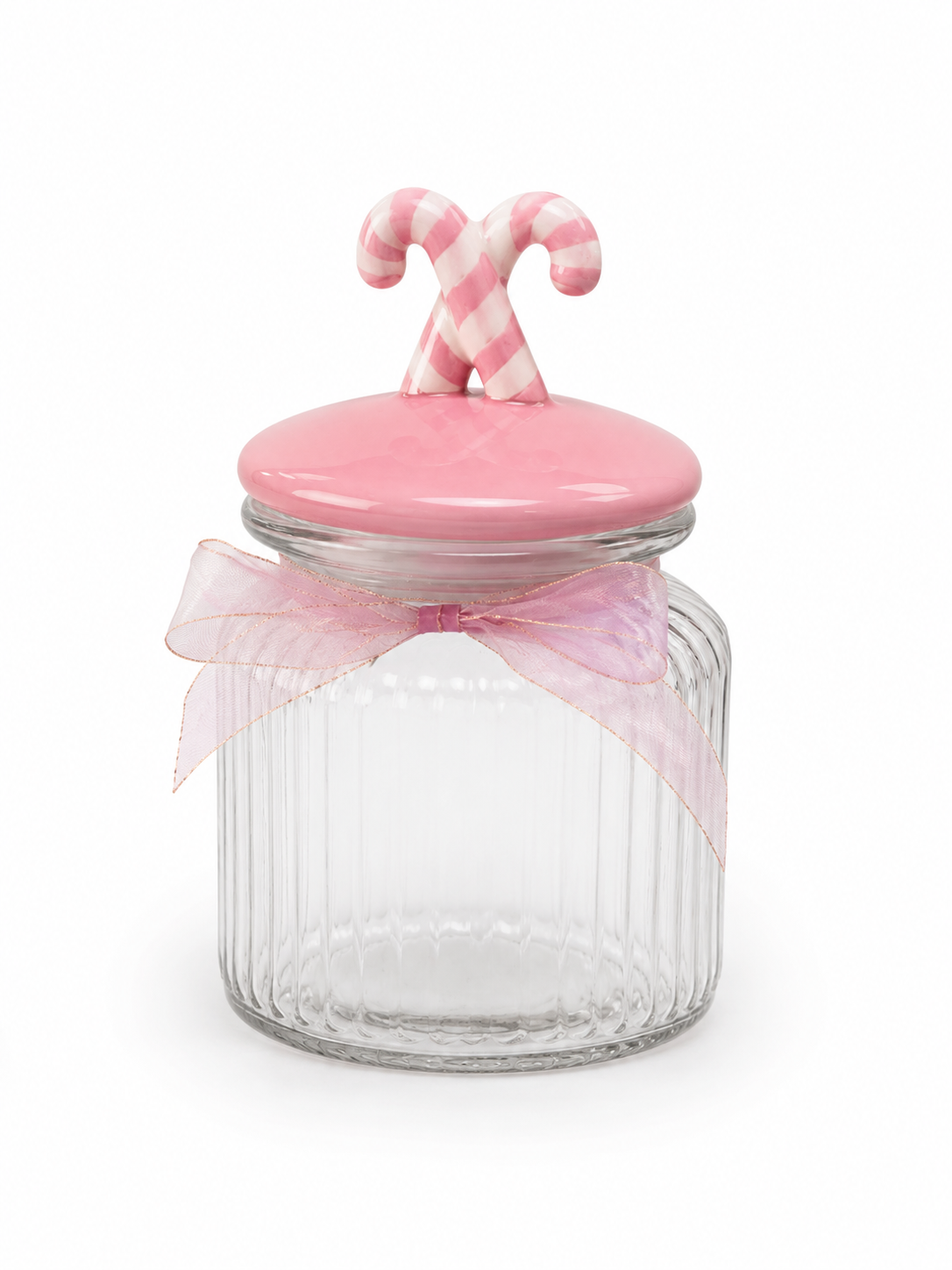 Pote Vidro Natal Candy Cane Tampa Rosa Branco 300ml