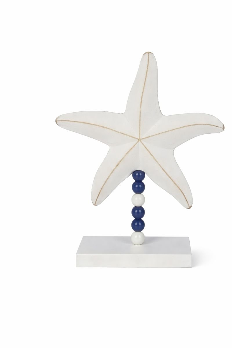 Escultura Decorativa Madeira Estrela Do Mar Branco e Azul 32 x 26 x 9cm