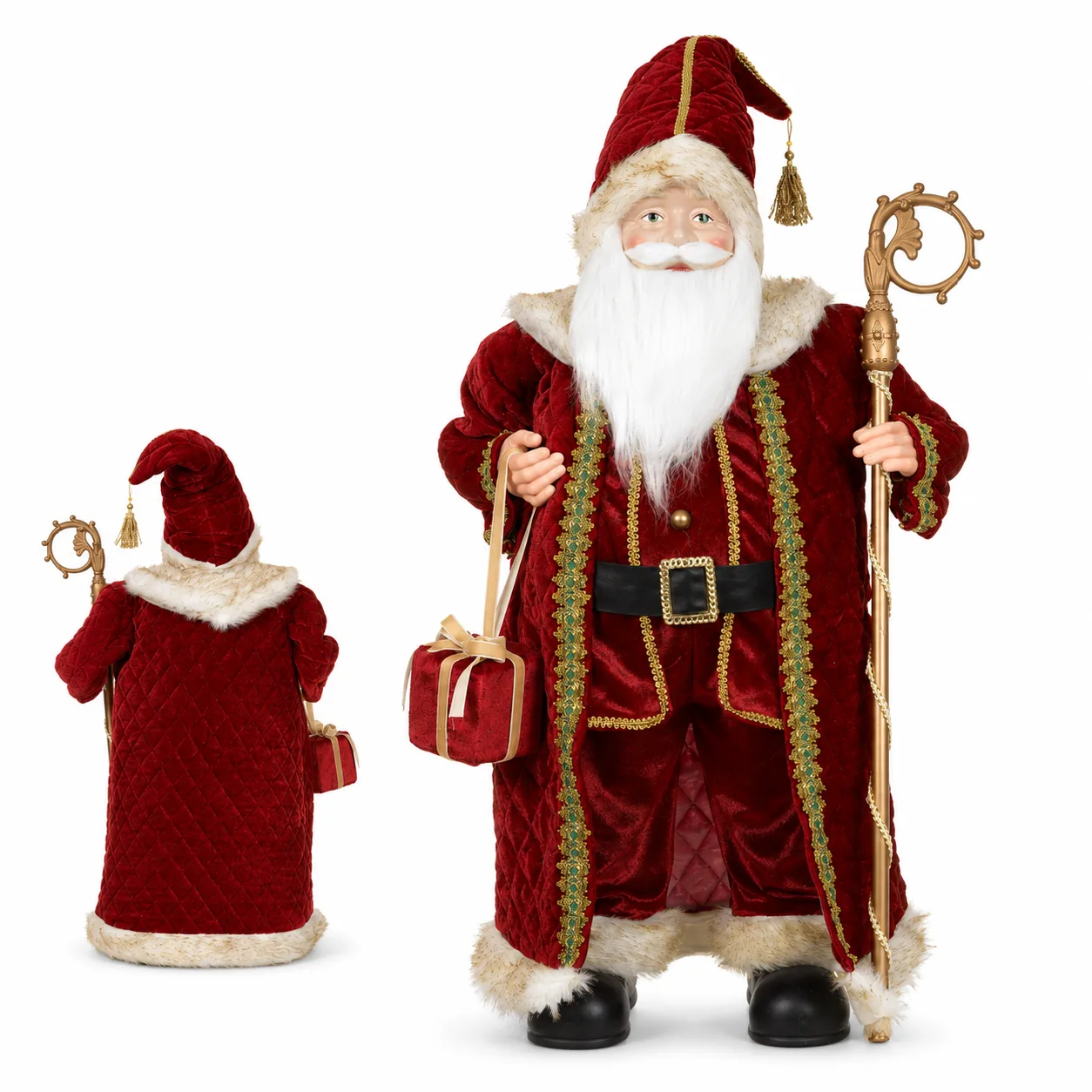 Papai Noel Natal em Pé com Cajado Vermelho Dourado 30 cm