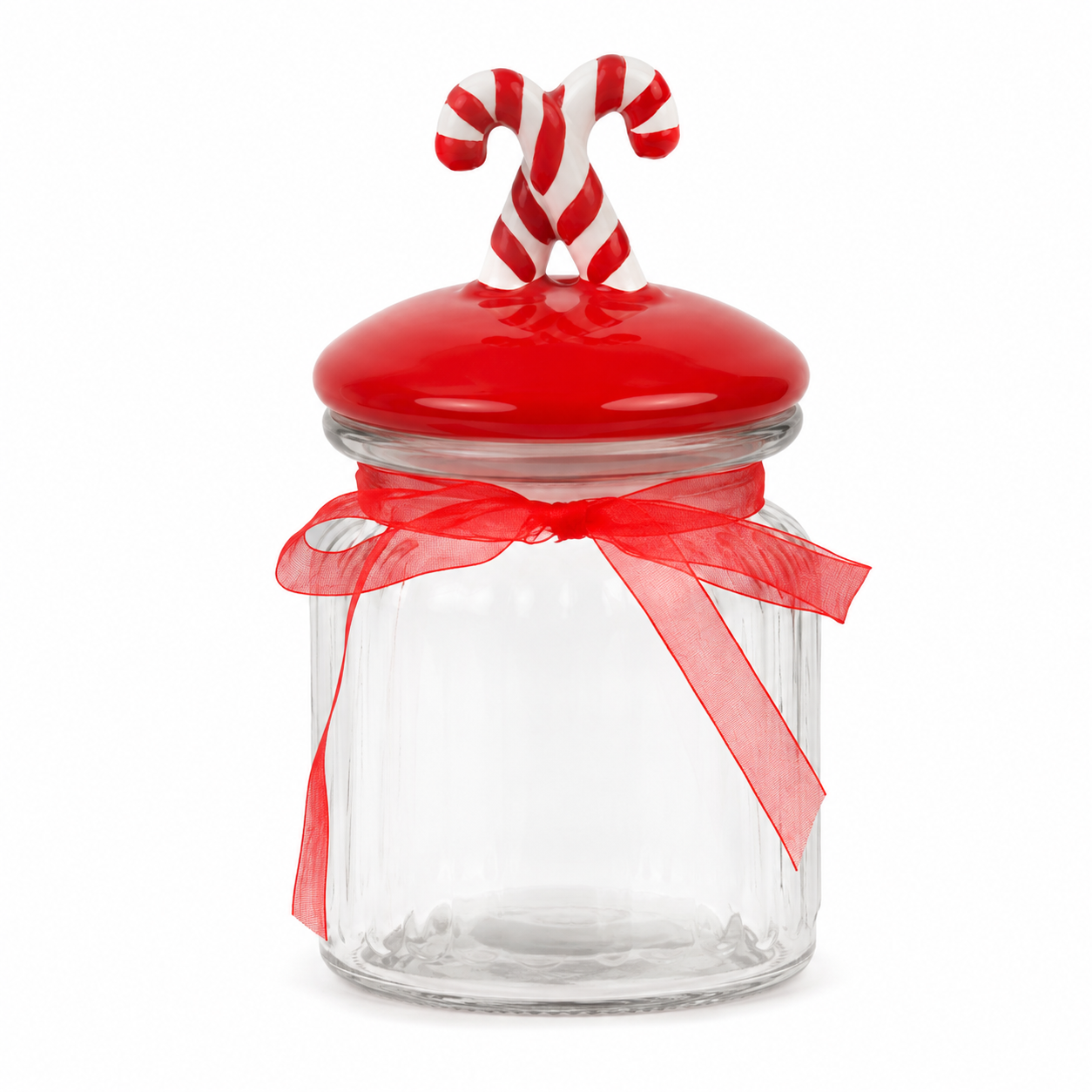 Pote de Vidro 300ml Natal Candy Cane com Tampa Vermelho Branco