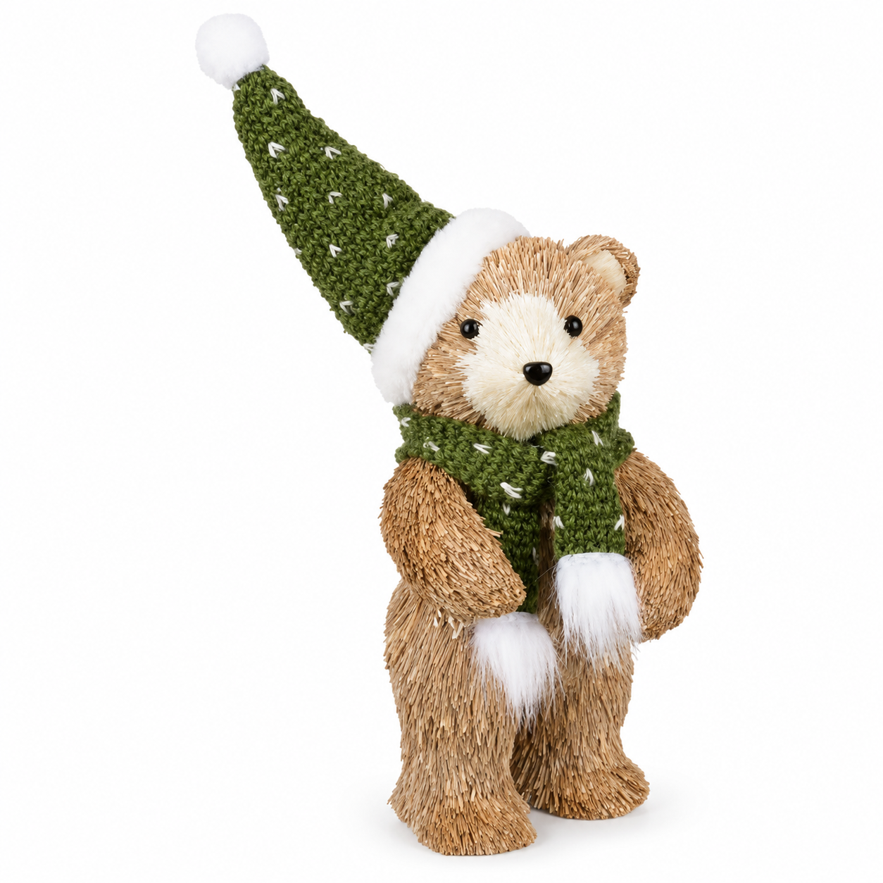 Urso Natal em Pé Palha Bege e Verde
