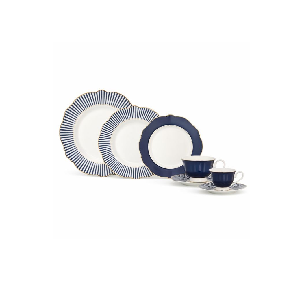 Aparelho de jantar royal em new bone branco e azul com filado dourado 42 peças