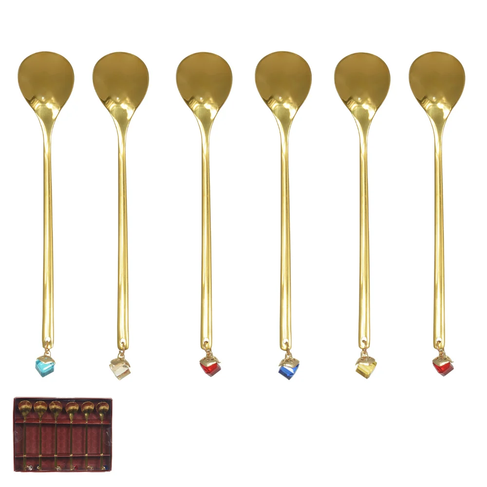 Kit colheres aço inox com 06 peças pedras dourado