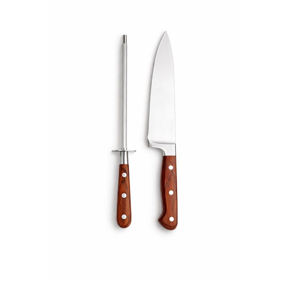 Jogo de 2 peças faca e chaira hanzzo wood em aço inox forjado
