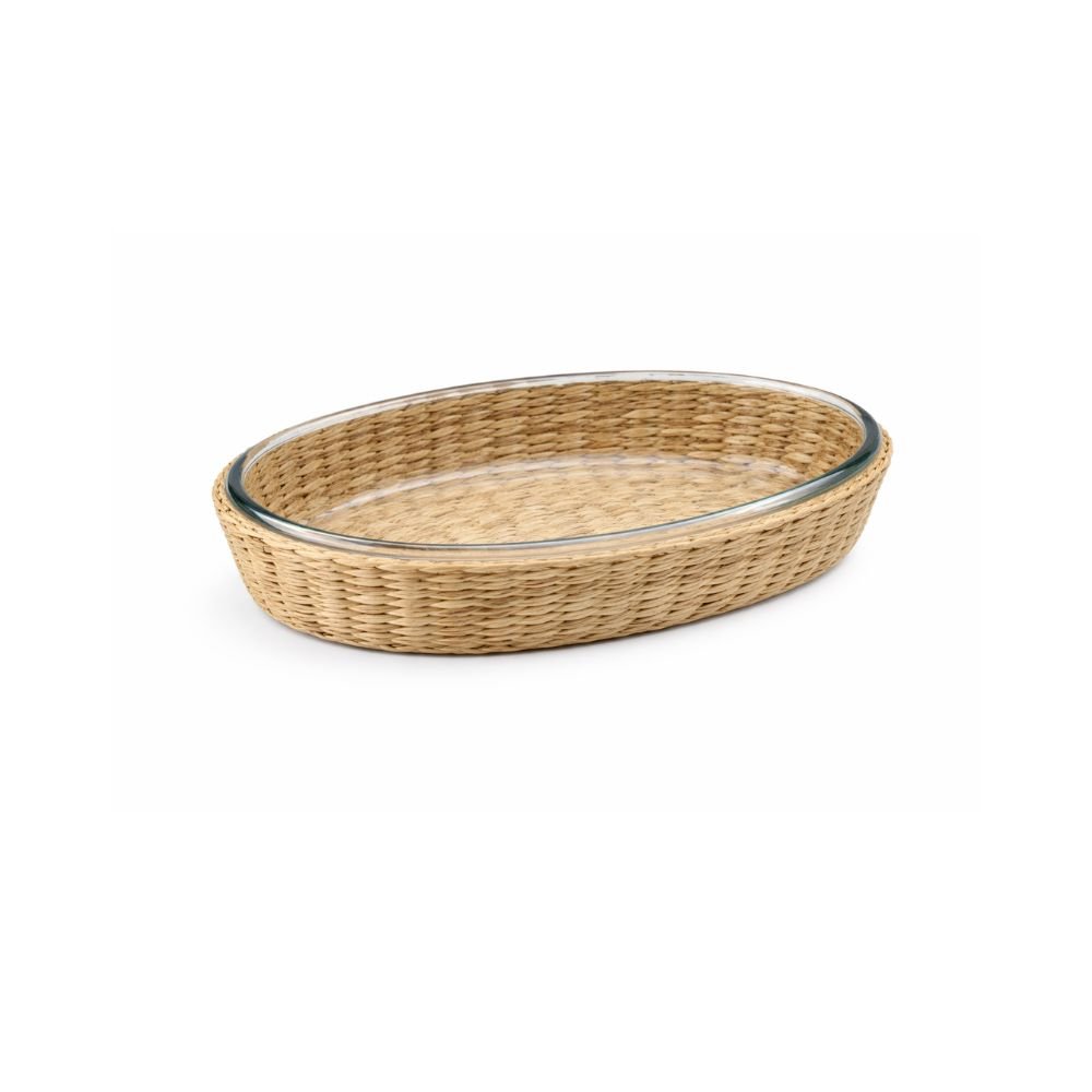 Travessa Oval Em Vidro Borossilicato E Revestimento Rattan